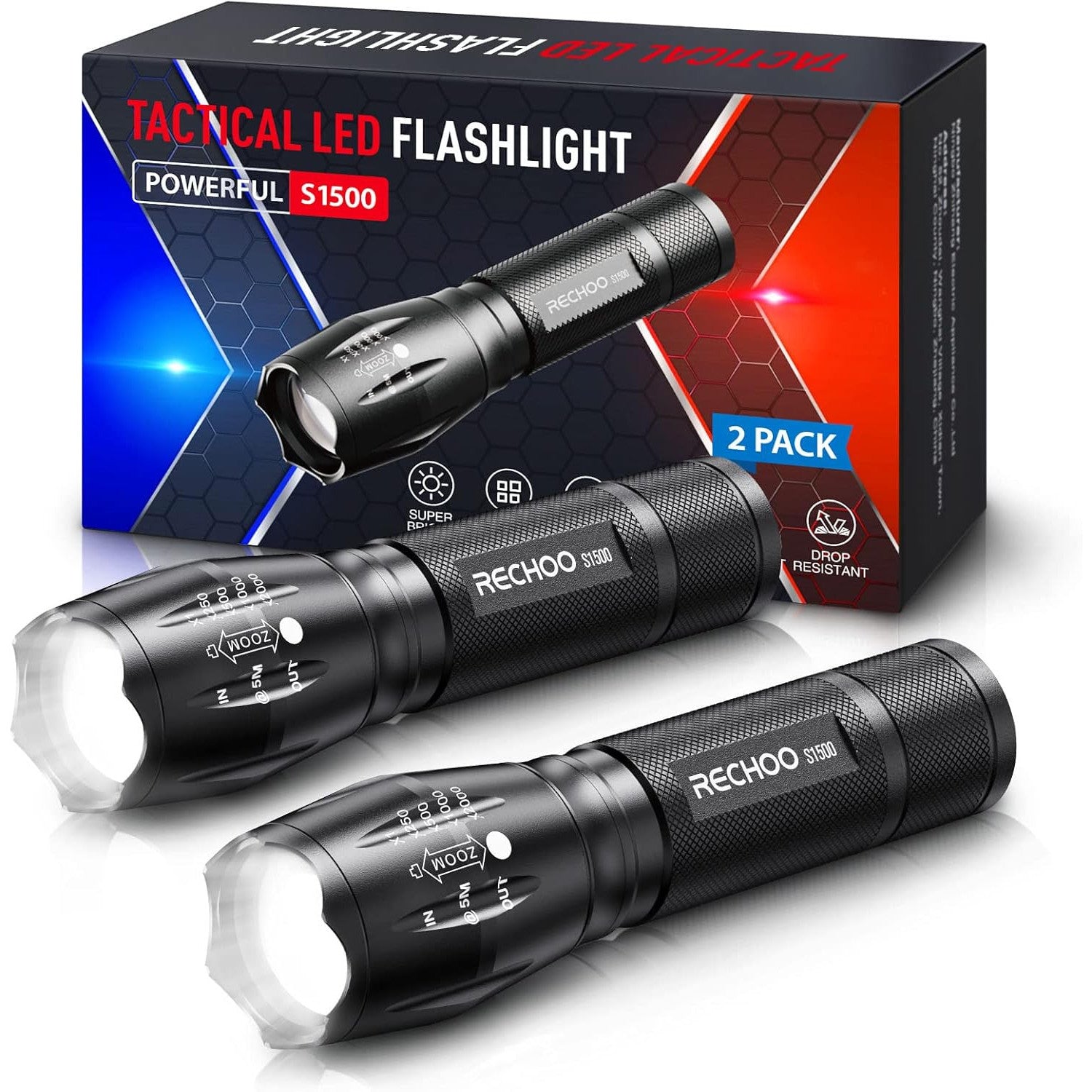 RECHOO S1500 Tactical Flashlight 1500 Lumens Waterproof 5‑Mode 2‑Pack